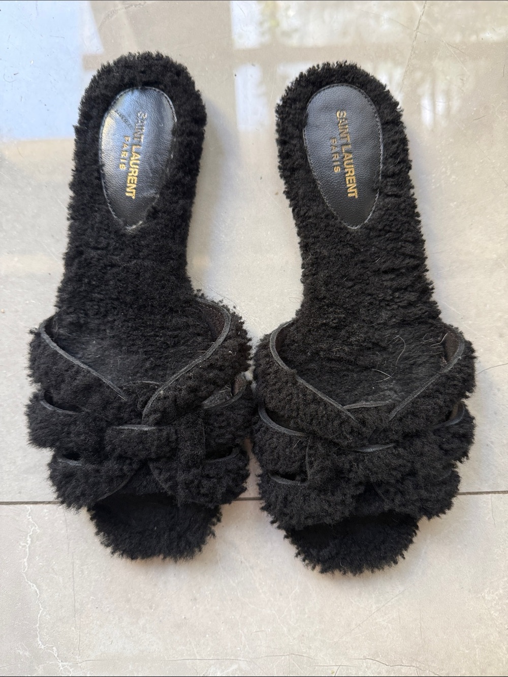 Saint Laurent Black Faux Shearling Slide Mules